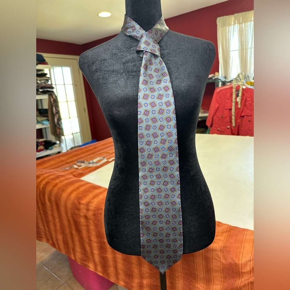 Vintage Caumont Italy Silk Tie Gray Geometric Squares Classic Wide 4” Necktie